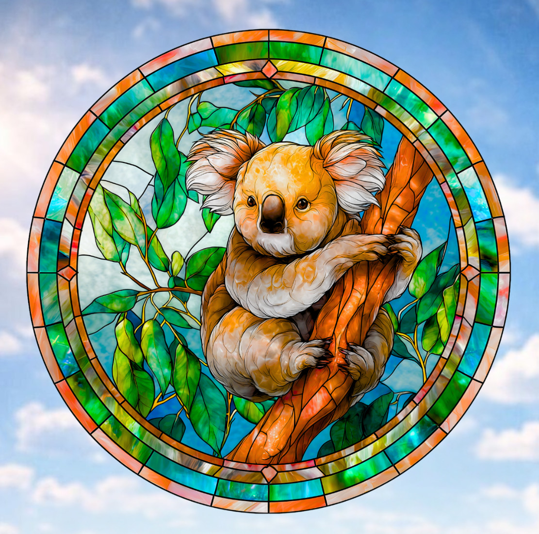 Koala Bear Faux Stained-Glass WINDOW CLING Size 8″ Round Repositionable Vinyl