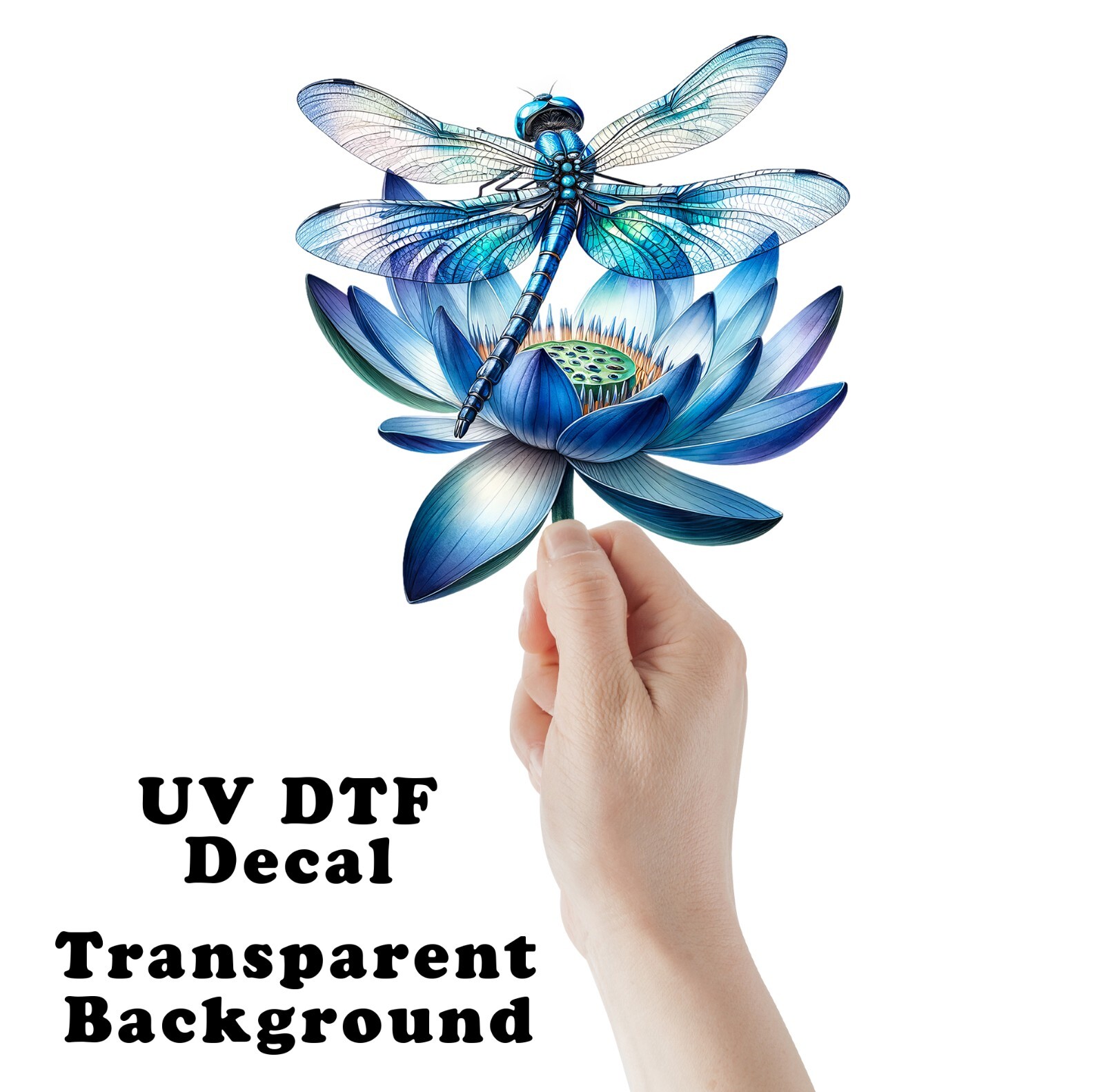 Blue Lotus and Dragonfly UV DTF Transparent Sticker / Decal