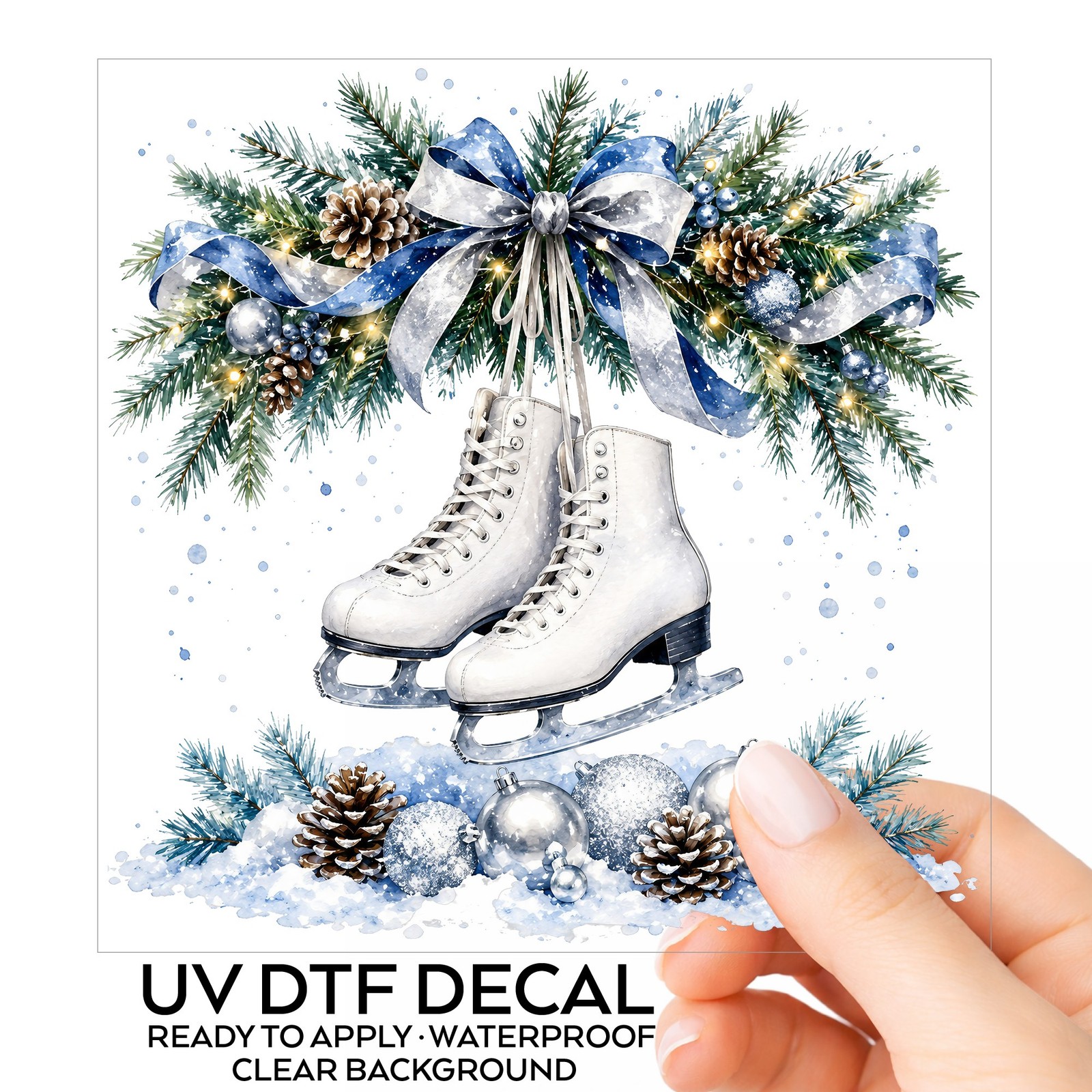 Ice Skates Christmas Garland Silver UV DTF Transparent Sticker Decal Waterproof
