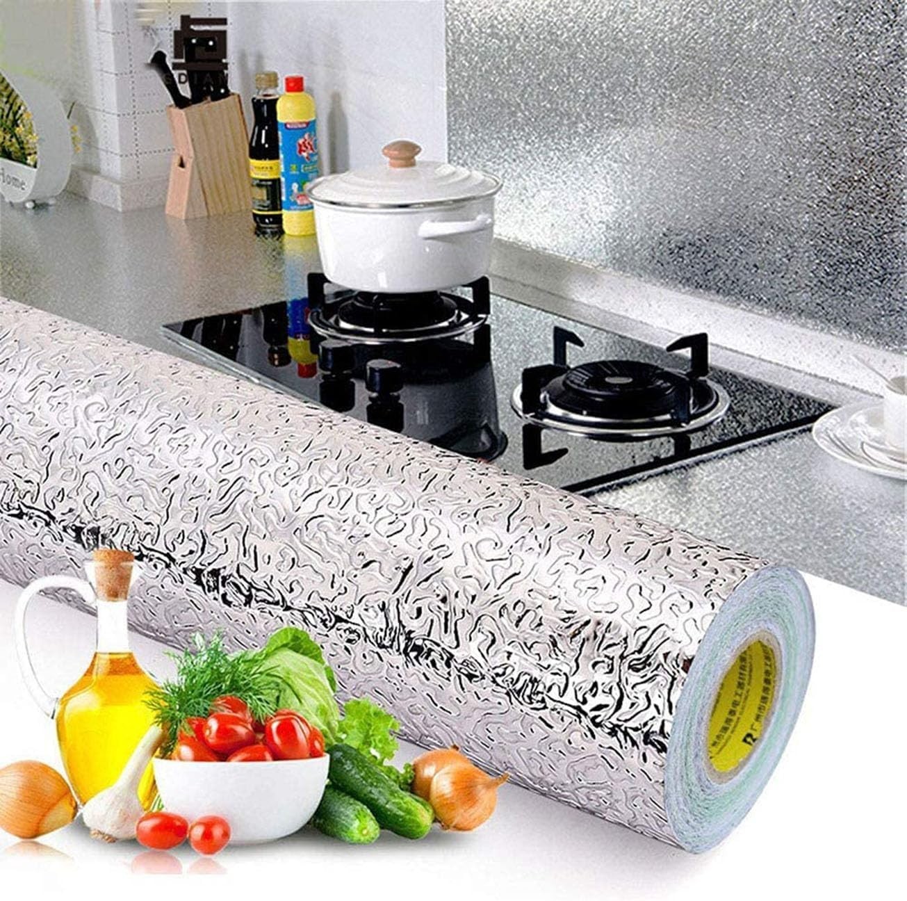 Kitchen Wallpaper Oil Proof Sticker Backsplash Aluminum Foil Self-Adhesive Pa…
