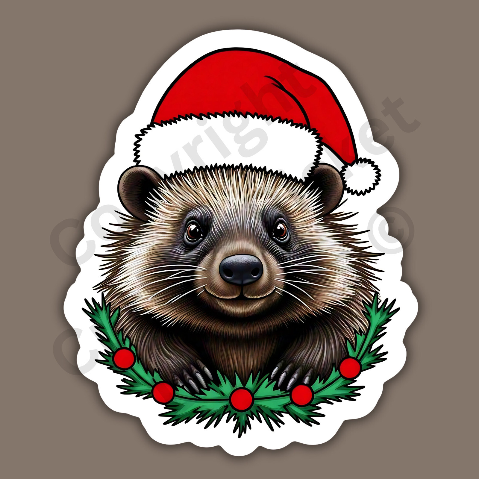 Christmas Porcupine Forest Animal Santa Hat Garland Cute 3″ Vinyl Sticker