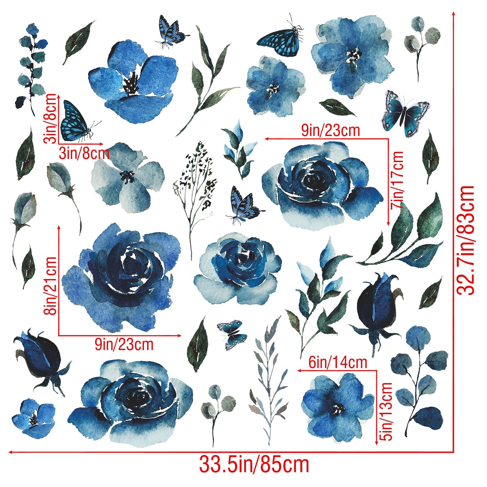 4 Sheets Watercolor Blue Roses Wall Decals Art 12 inch x 18 inch,