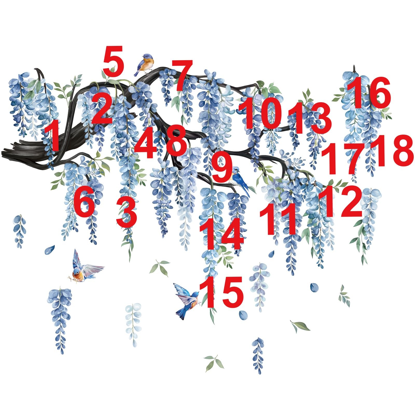 Large Flower Tree Branch Wall Decals Blue Hanging Vine Floral Wall Stickers B…
