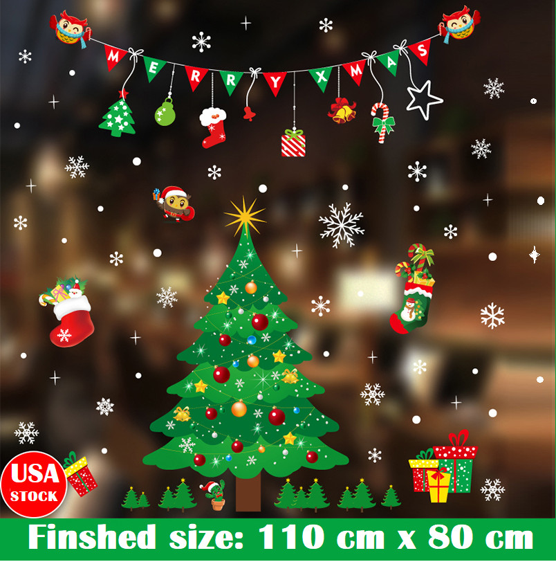 Merry Christmas Window Stickers Tree Santa Claus Shop Wall Removable Decor USA