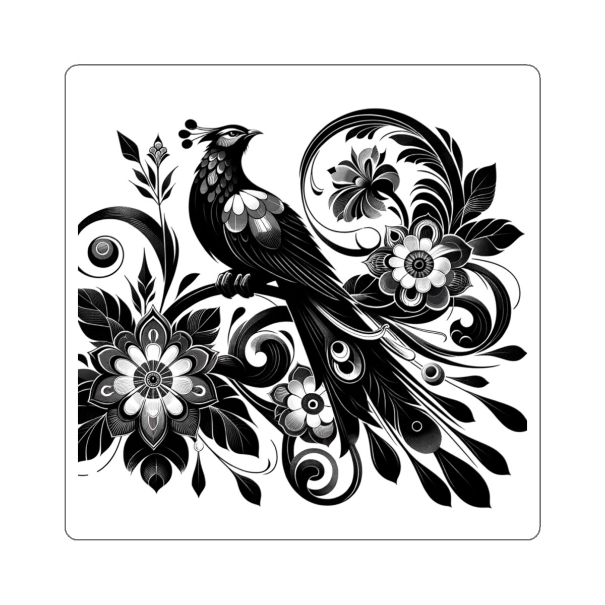 Sticker Art Deco Black Peacock Vintage Style Floral Retro 2×2″ 3×3″ 4×4″ 6×6″