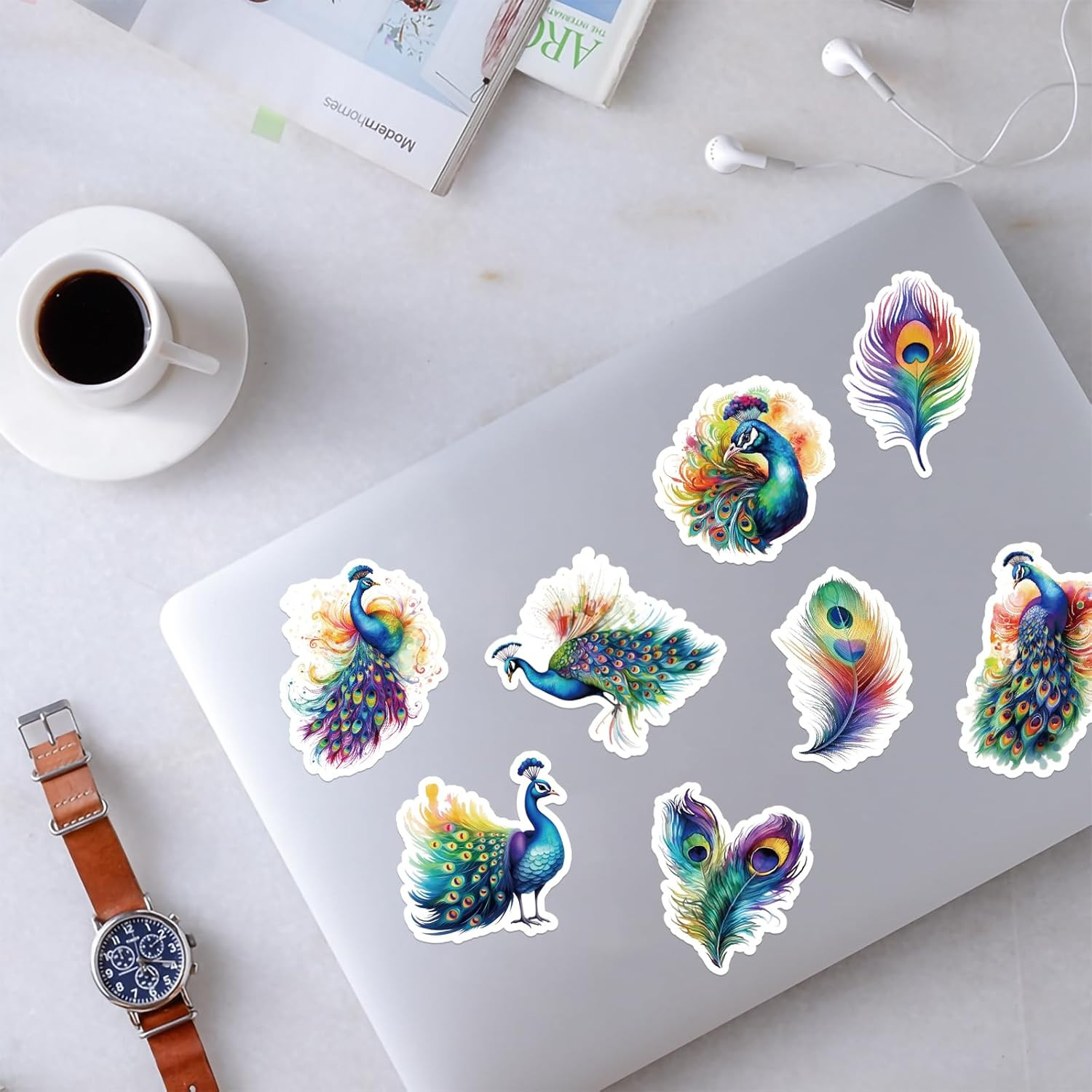 50 Pegatinas Coloridas De Pavo Real Impermeables Para Portatil Botella Diario