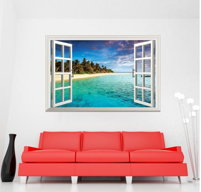 Wall Sticker 3D Window Mediterranean Beach Living Room Bedroom Decal Lobby Mural