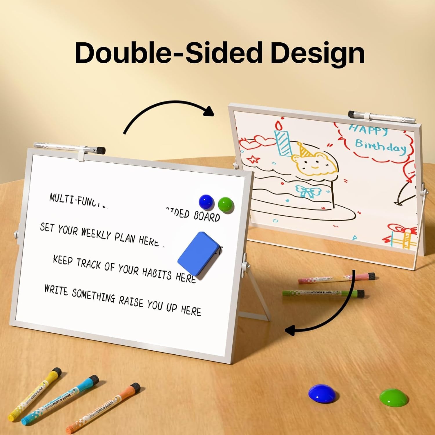 Dry Erase White Board with Stand,Double-Sided Whiteboard 16″X12″, 10 Markers,6 M