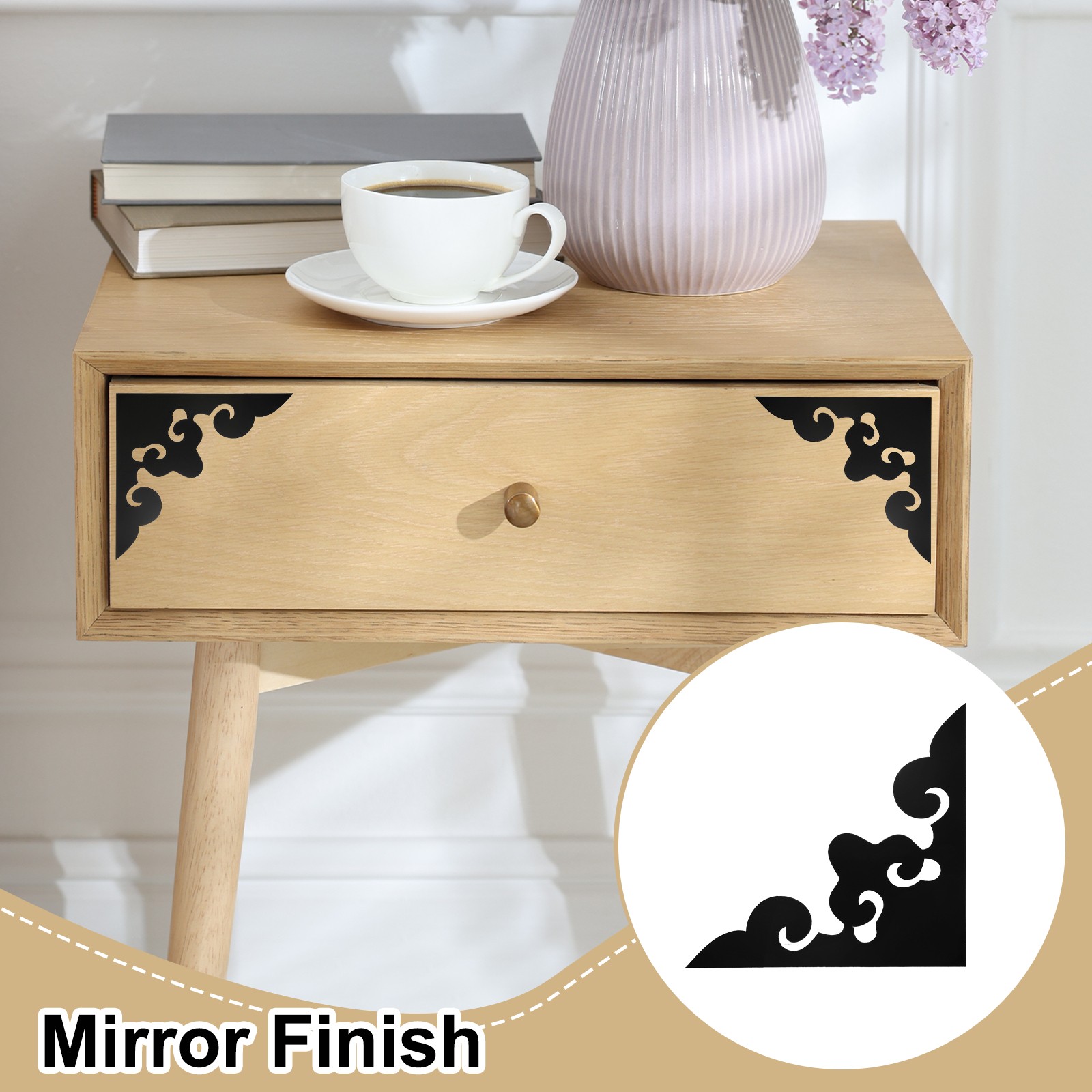 2Pcs Corner Decorative Pattern Hollow Mirror Wall Stickers(Black, 7.9×7.9″)