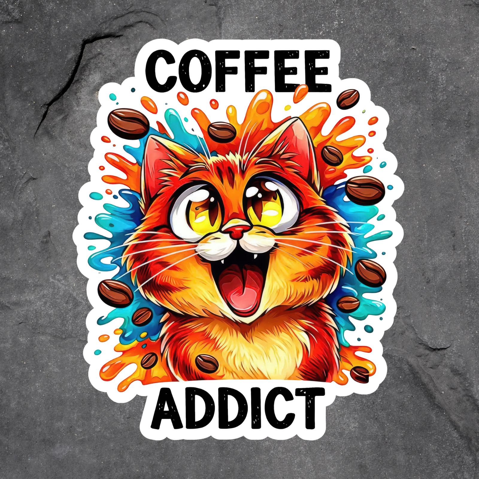 Cat Sticker Vinyl Decal Coffee Addict Funny Kitty Caffeine Lover Colorful Gift