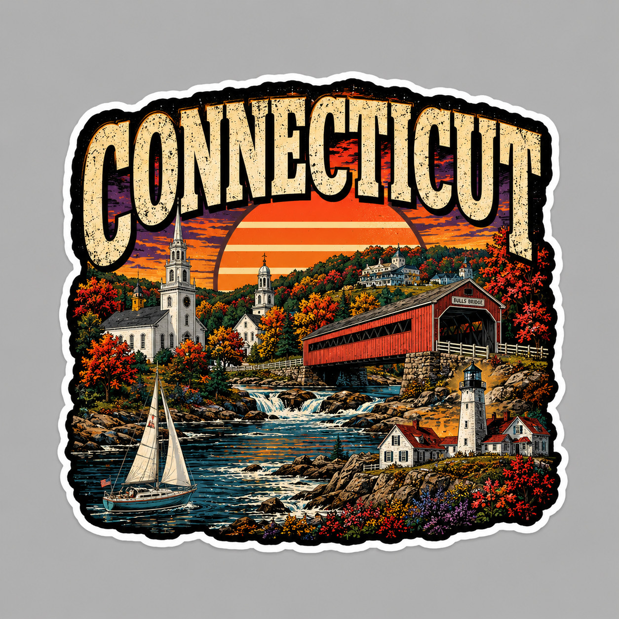 Connecticut Sticker Vinyl Decal Covered Bridge Lighthouse Coastal New England