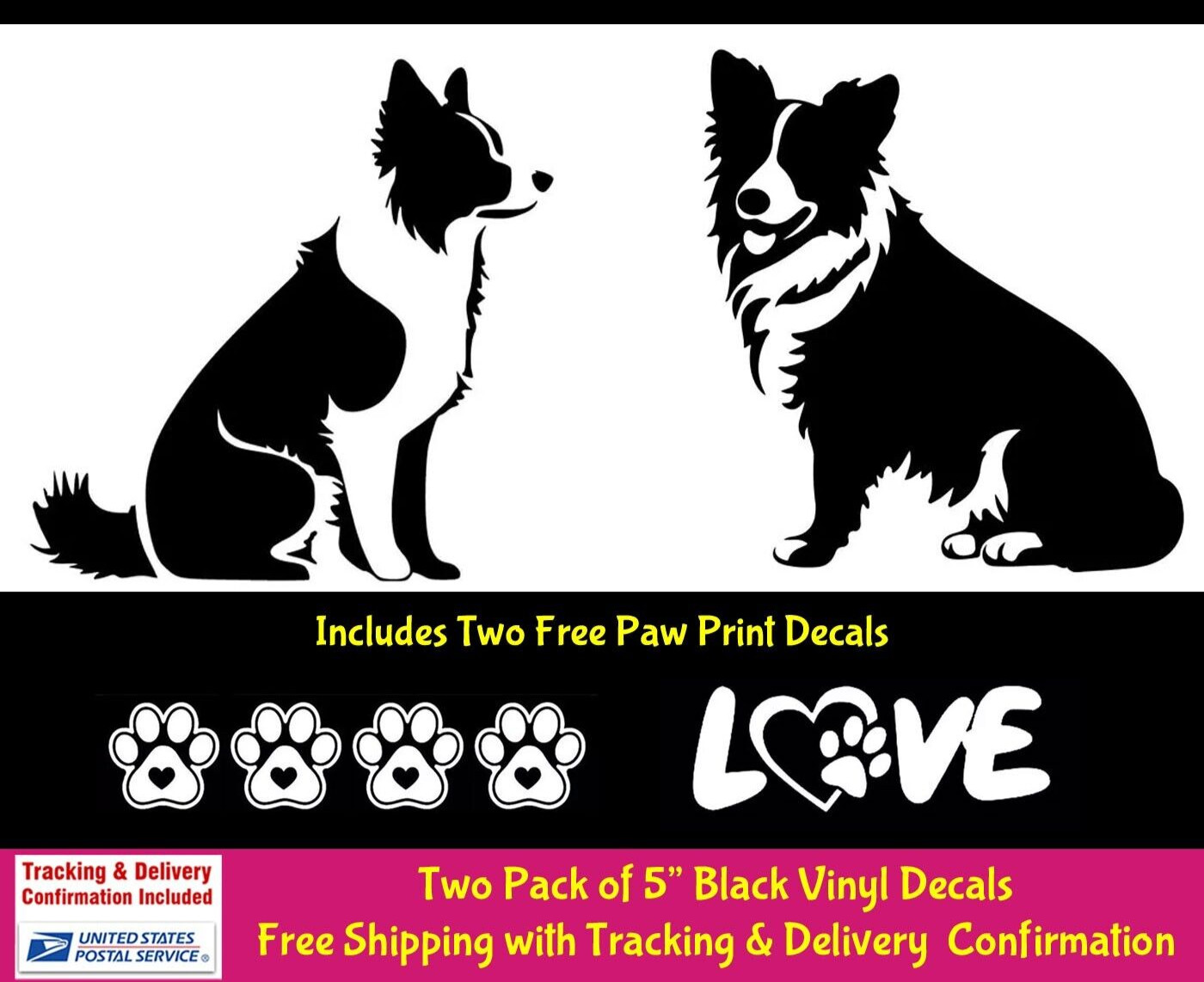 Border Collie Two 5″ Black Vinyl Decal Car Truck Windows Laptop Tablet Tumbler