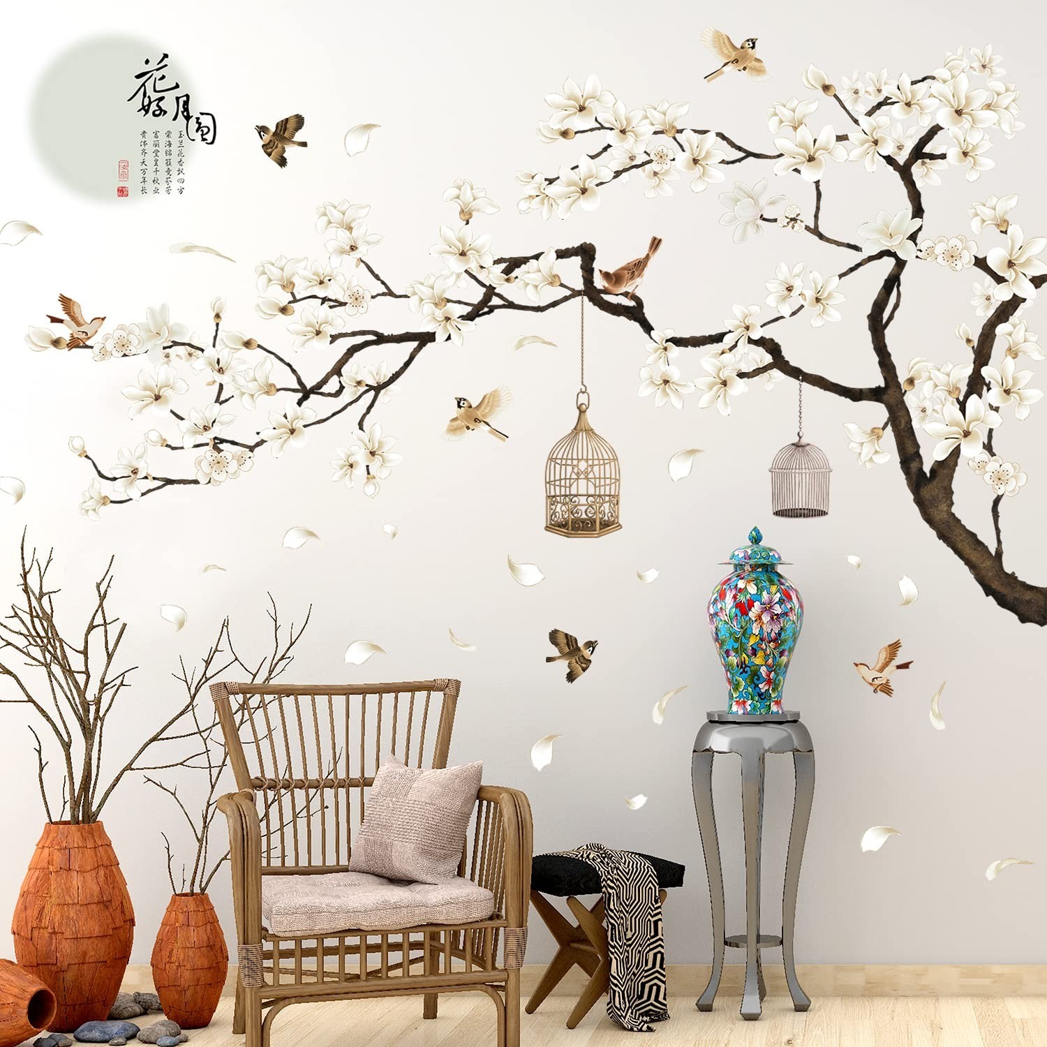 Removable Chinese Style Wall Stickers – White Flowers, Black Tree & Birds Decor,