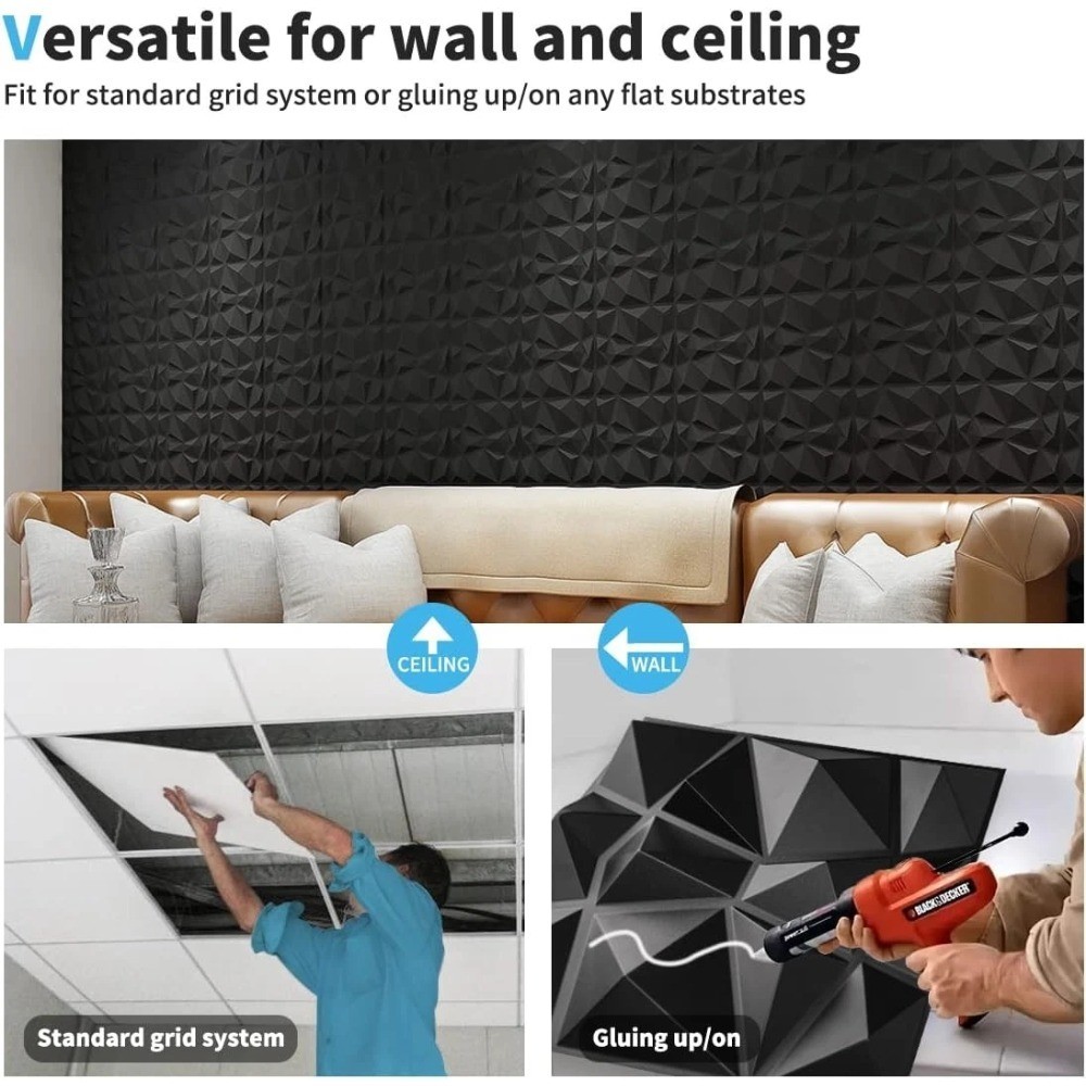 10PCS 3D Wall Panels Diamond Design Textured Accent PVC Wall Background Decor
