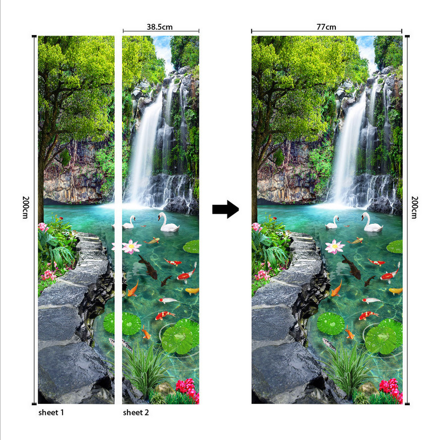 3D Self Adhesive Green Forest Waterfall Door Sticker Wall Decor Mural Wallpaper