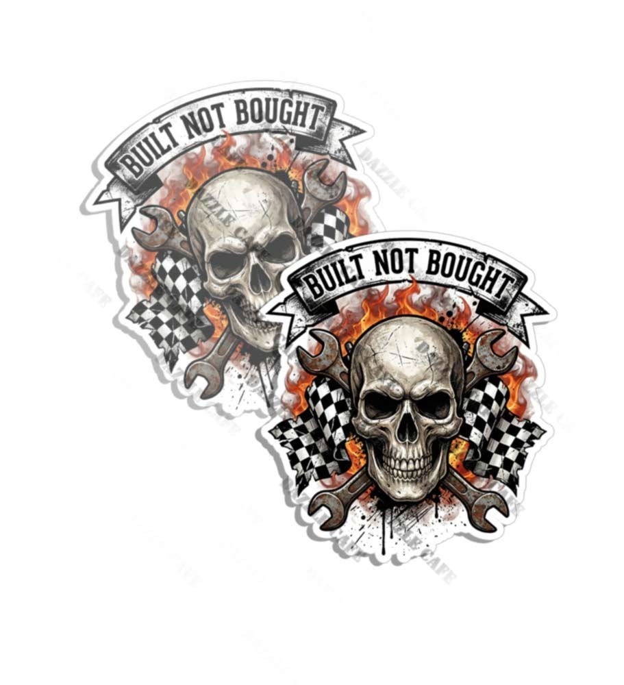 Built Not Bought Decal Checkered Flag Skull Tool Box Bumper Sticker Mechanic 2PK