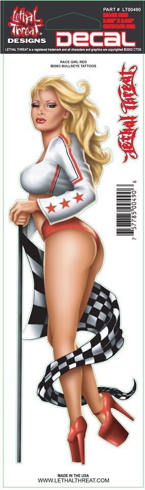 NEW LETHAL THREAT RACE GIRL RED DECAL STICKER 3″x10″ LT00490