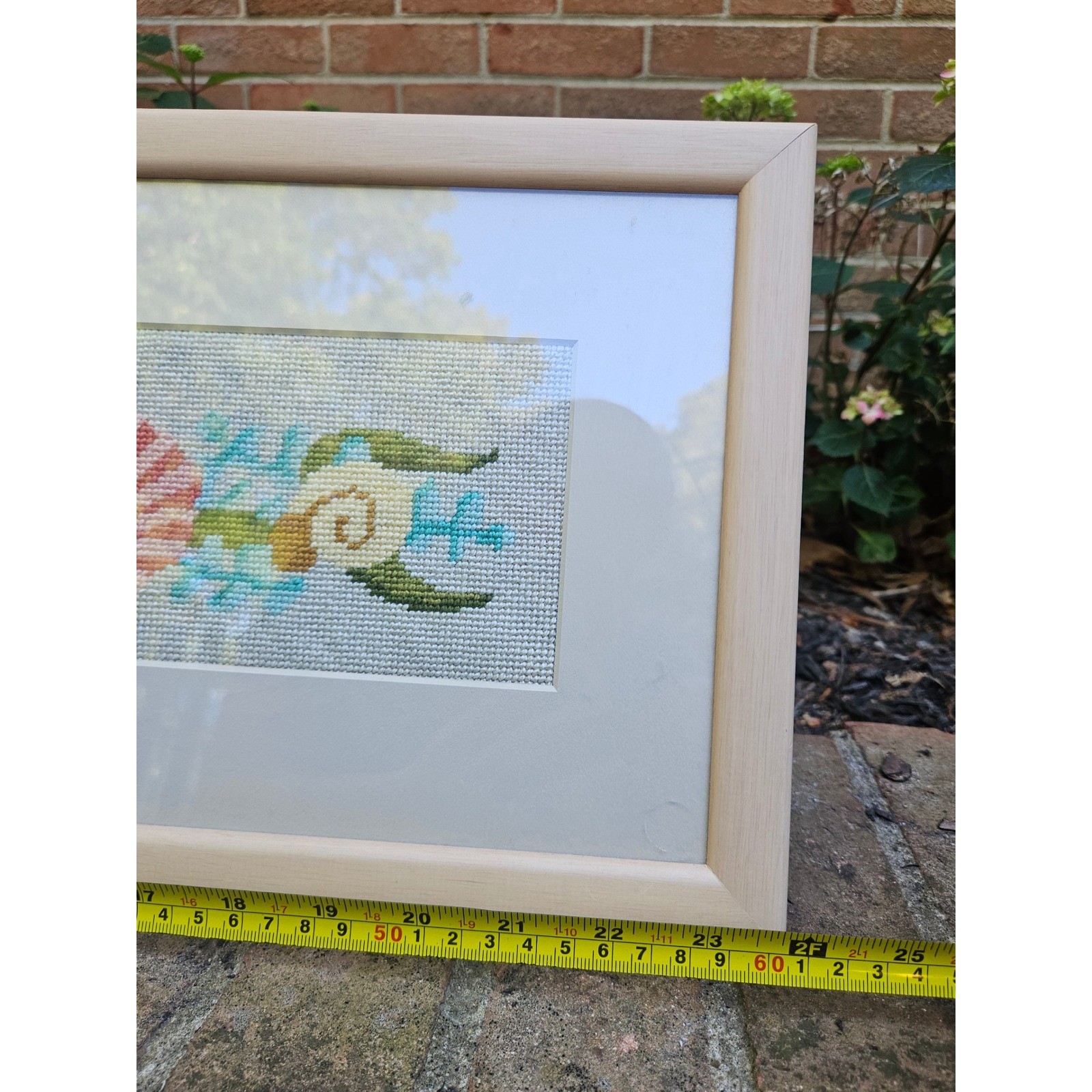 Vintage Matted & Framed Seashell Cross Stitch Art, 25″ x 9.75″ Ocean Beachhouse
