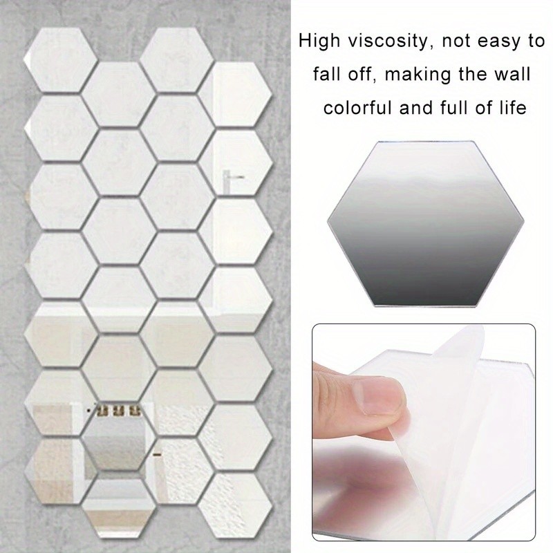 12Pcs/Set Hexagon Shape Mirror Panel Detachable Self-Stick Farmhouse Indoor Wall