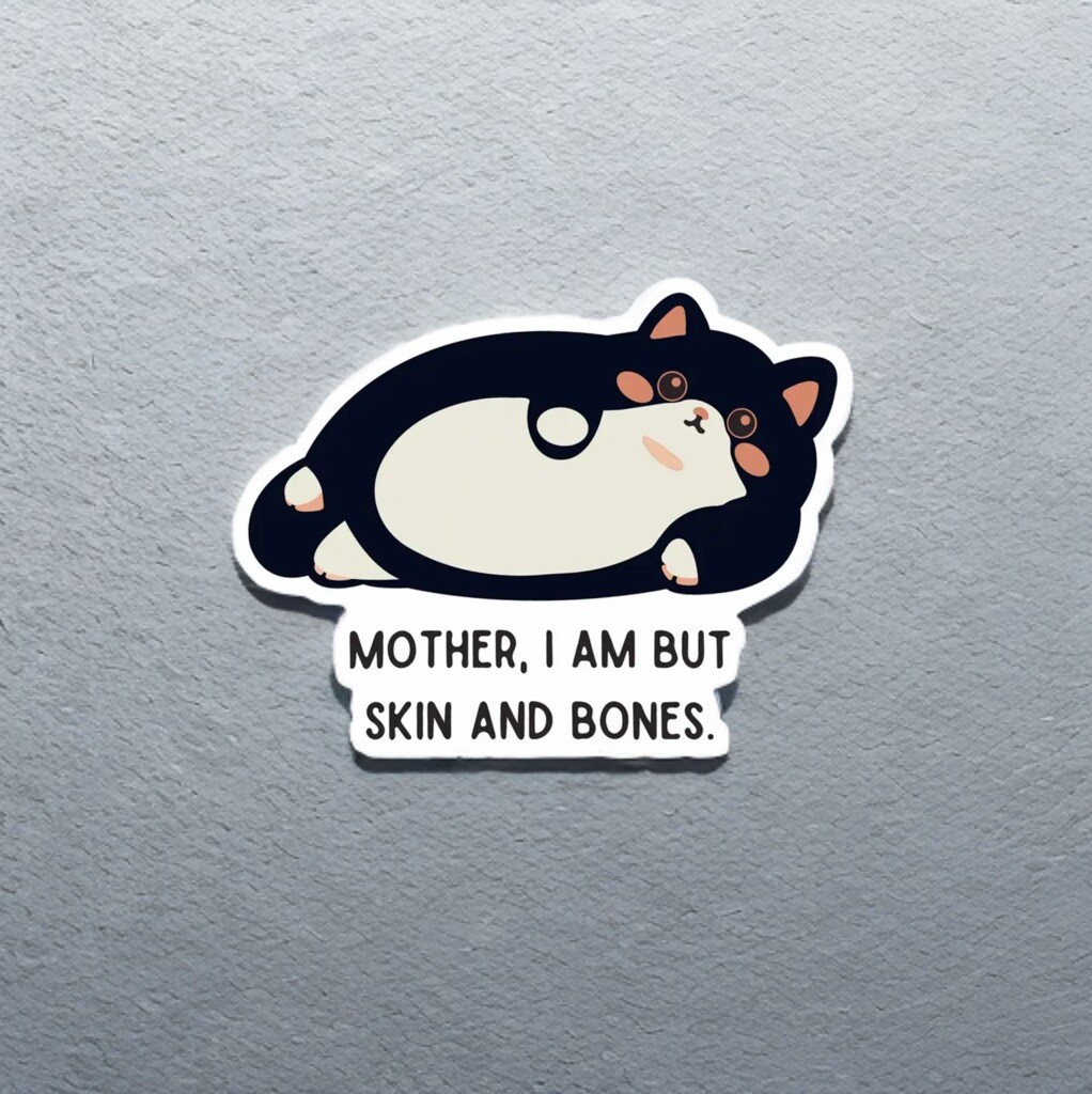 Cat Sticker – Cute Funny Decal Black White Kitty, 3.11” Skin & Bones Kawaii Cats