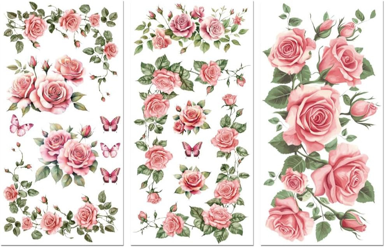 Rub on Transfer Sticker for Furniture Crafts Decor 6″X12″ Pink Rose Vine, 3Pcs W