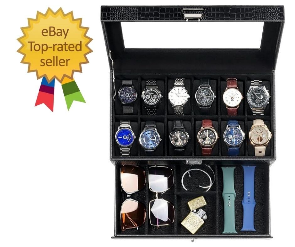 Watch Box, 12 Slot Mens Watch Case With Drawer, 2-Layer Watch Display Case With