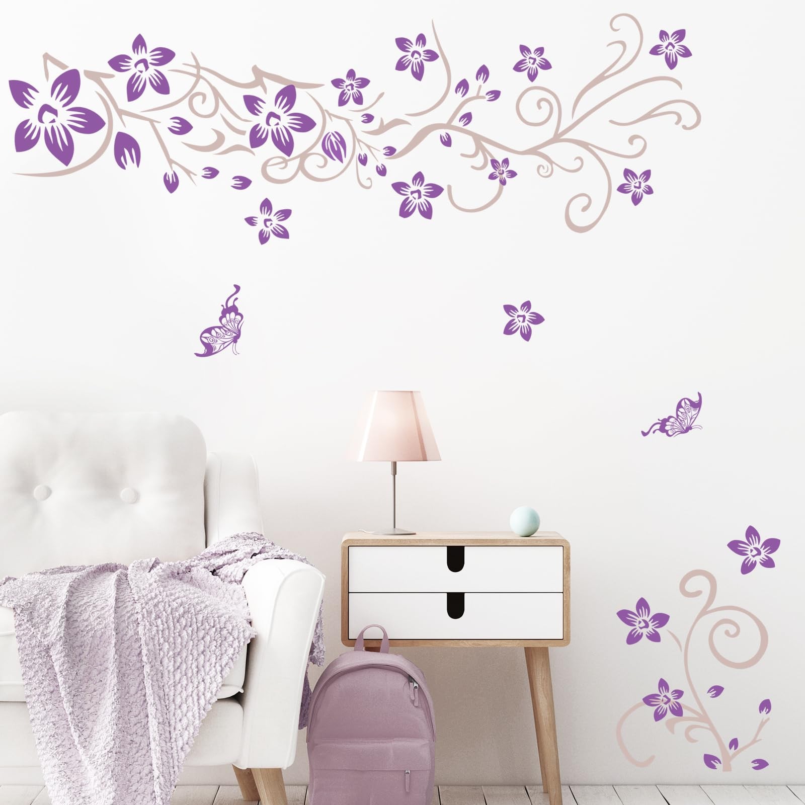 Supzone Flowers Vine Wall Decals Purple Flowers Wall Stickers Butterfly Wall Dec