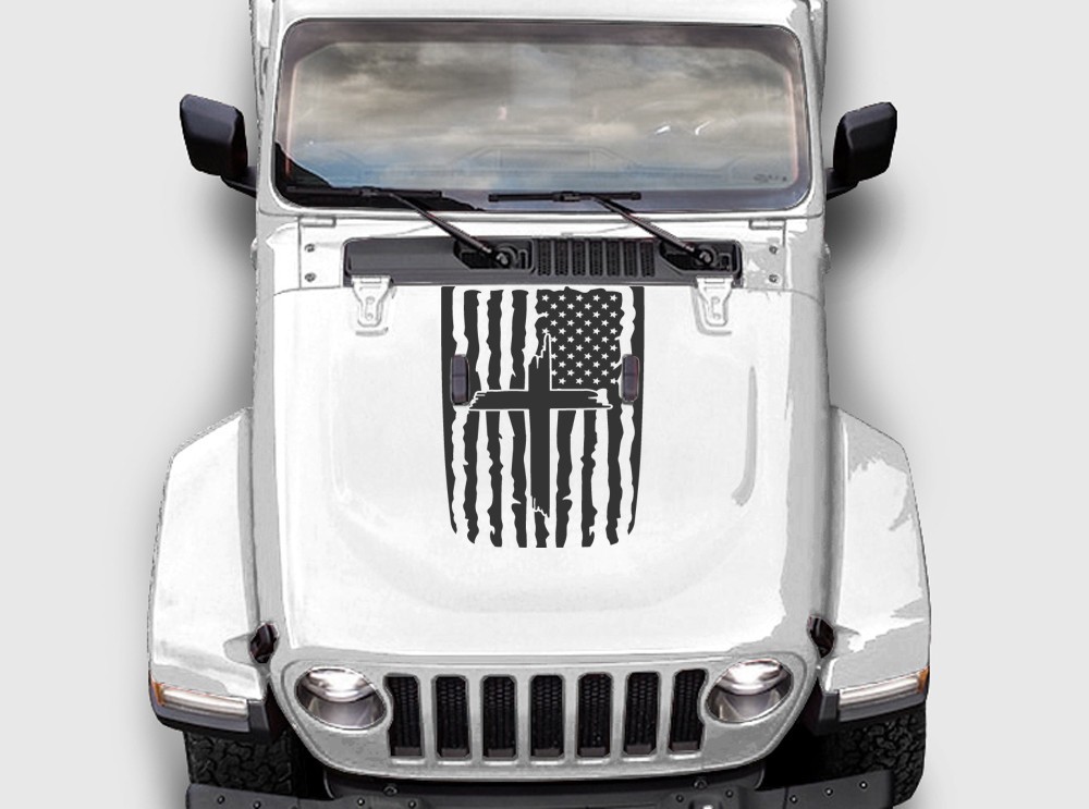 Hood Blackout Decal American Flag Cross Fits 2018-2026 Jeep Wrangler Gladiator