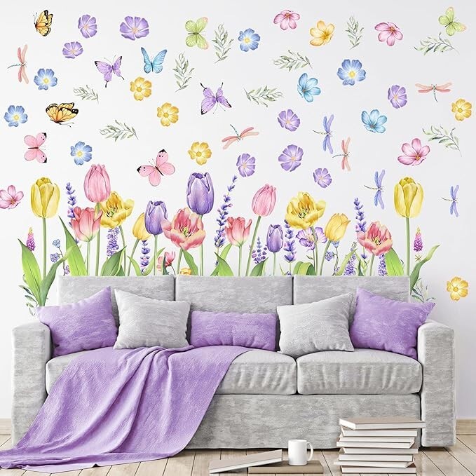 6 LARGE SHEETS OF SPRING FLOWER – BUTTERFLY – DRAGONFLY ART WALL STICKERS
