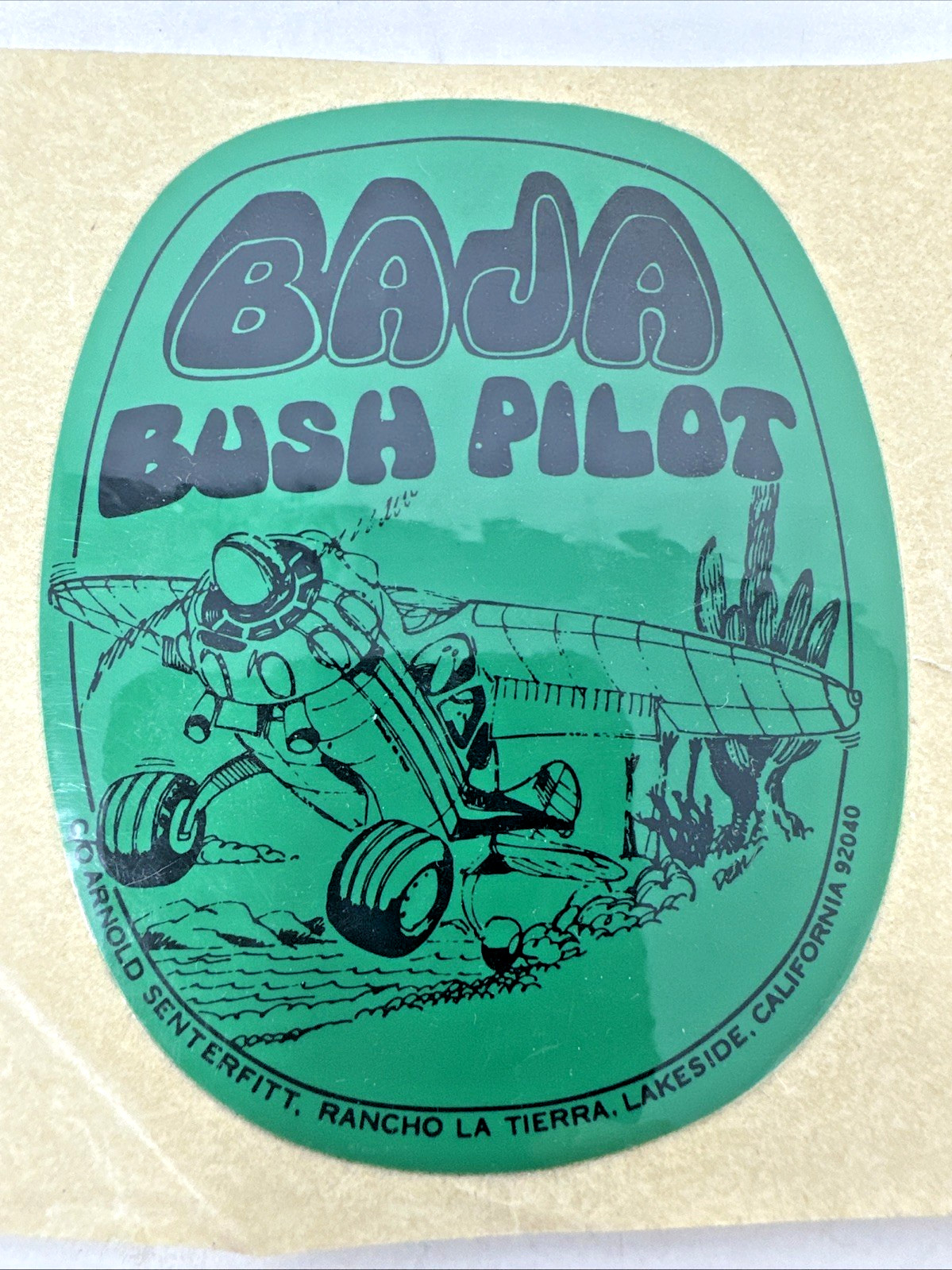 Vtg Baja Bush Pilot Green Sticker Decal Arnold Senterfitt Airplane 3 5/8″ Rare