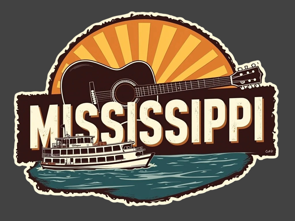 Mississippi Sticker Vinyl Decal Riverboat Guitar Blues Music Southern Sunset