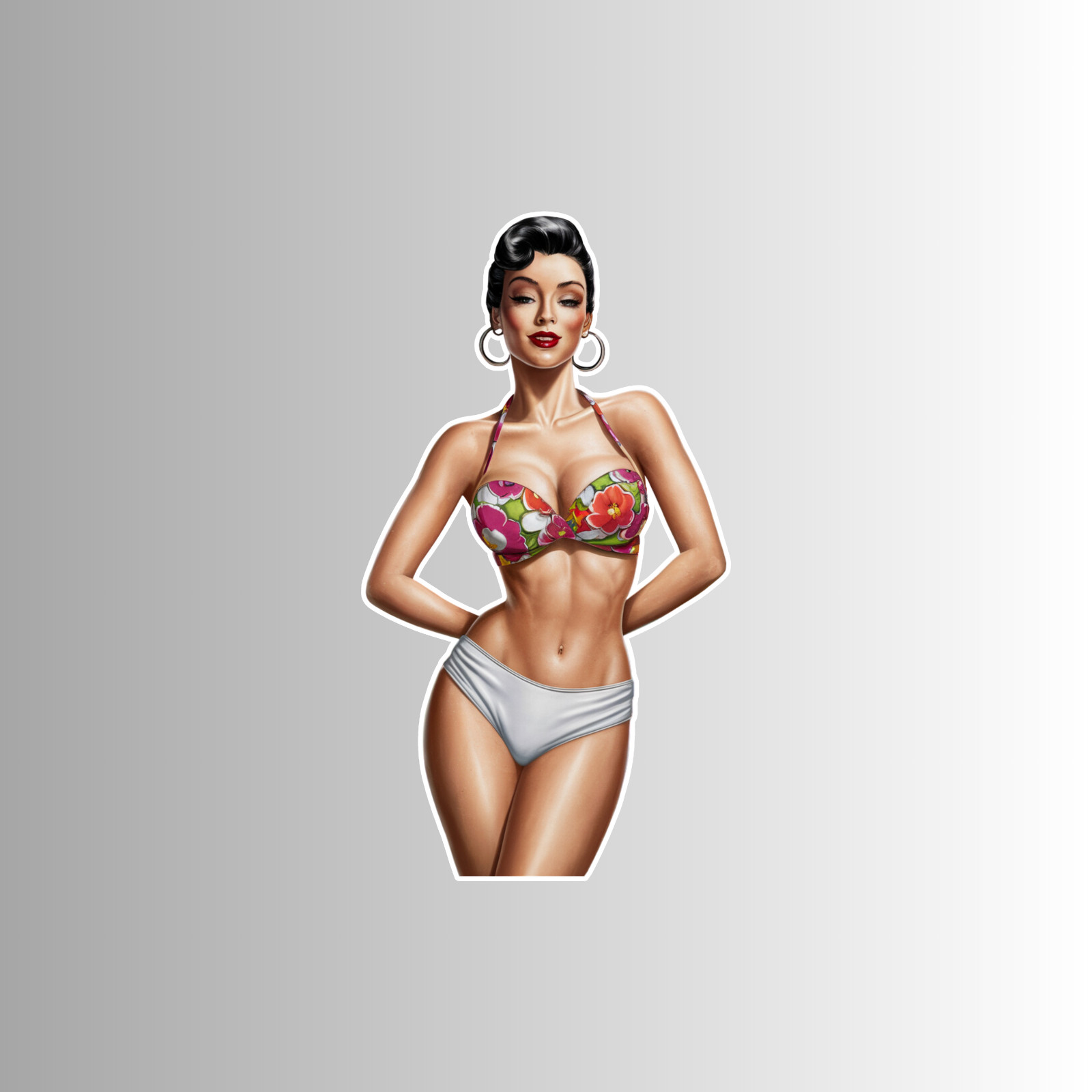 Pinup girl sticker vinyl decal woman floral bikini smile seductive sexy Latino