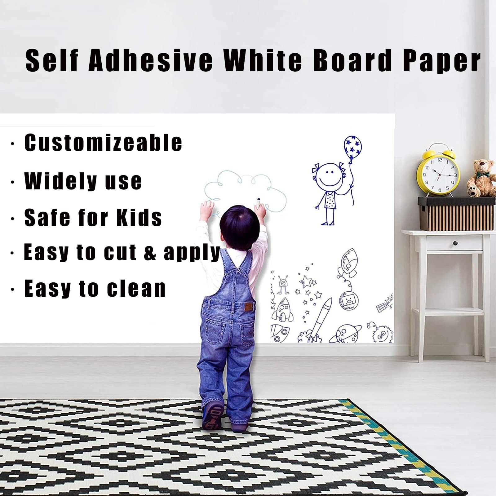 Self Adhesive White Board Paper – Dry Erase Wall Stickers Roll 17.7″ x 78.7″ …