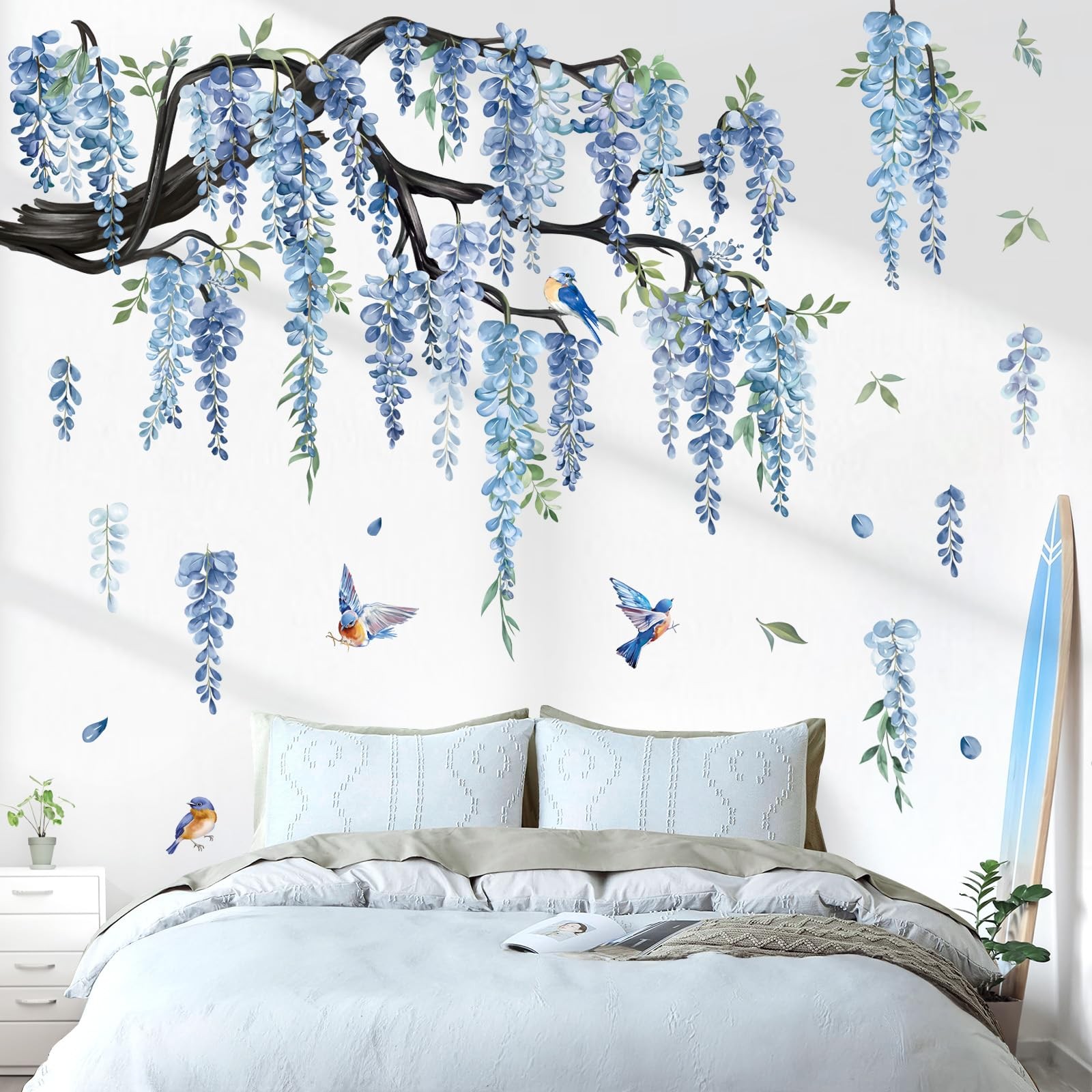 Large Flower Tree Branch Wall Decals Blue Hanging Vine Floral Wall Stickers B…