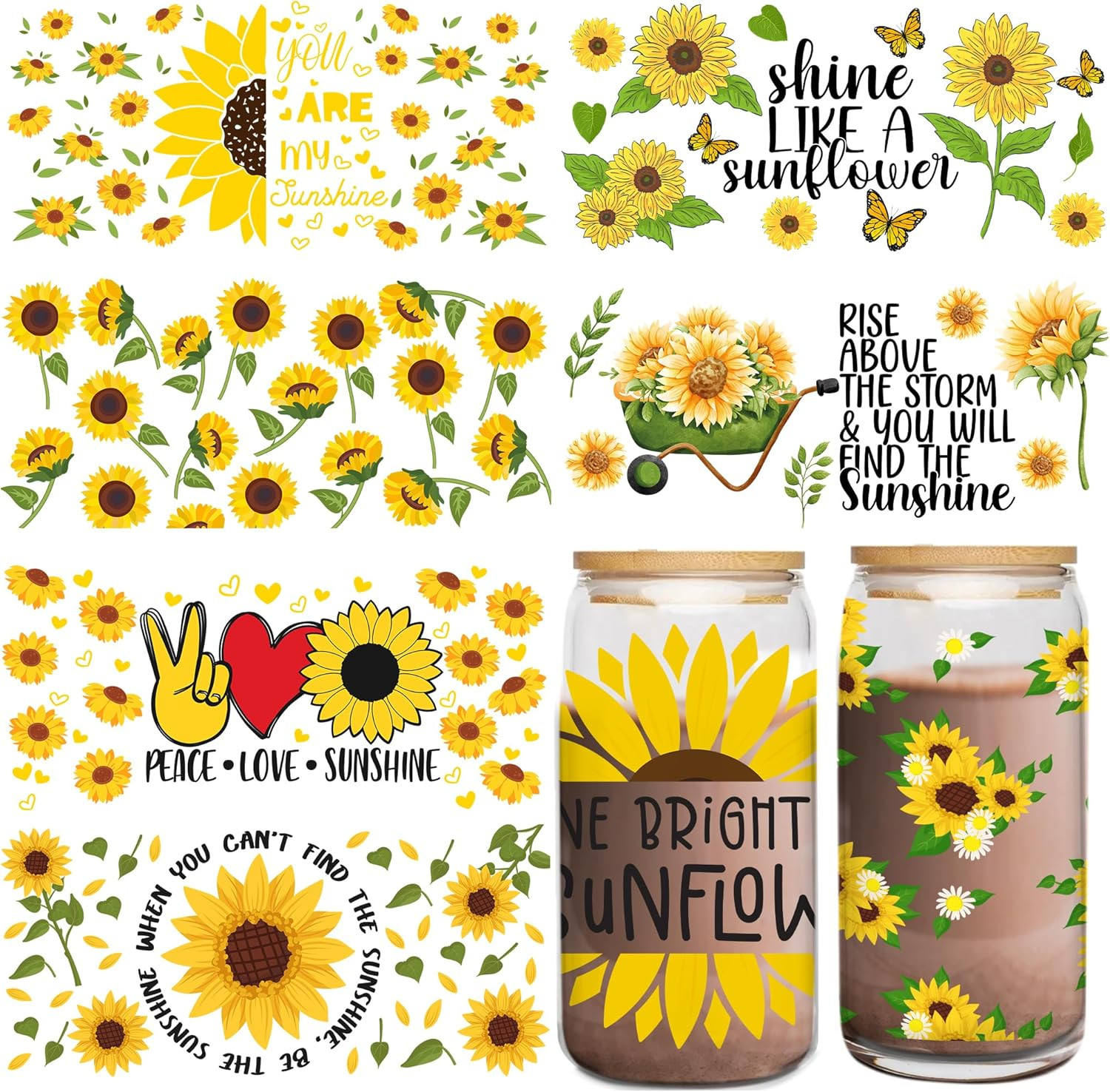 UV DTF Cup Wraps Sticker – 8 Sheets Sunflower UV DTF for 16 OZ Glass, Sunflower,