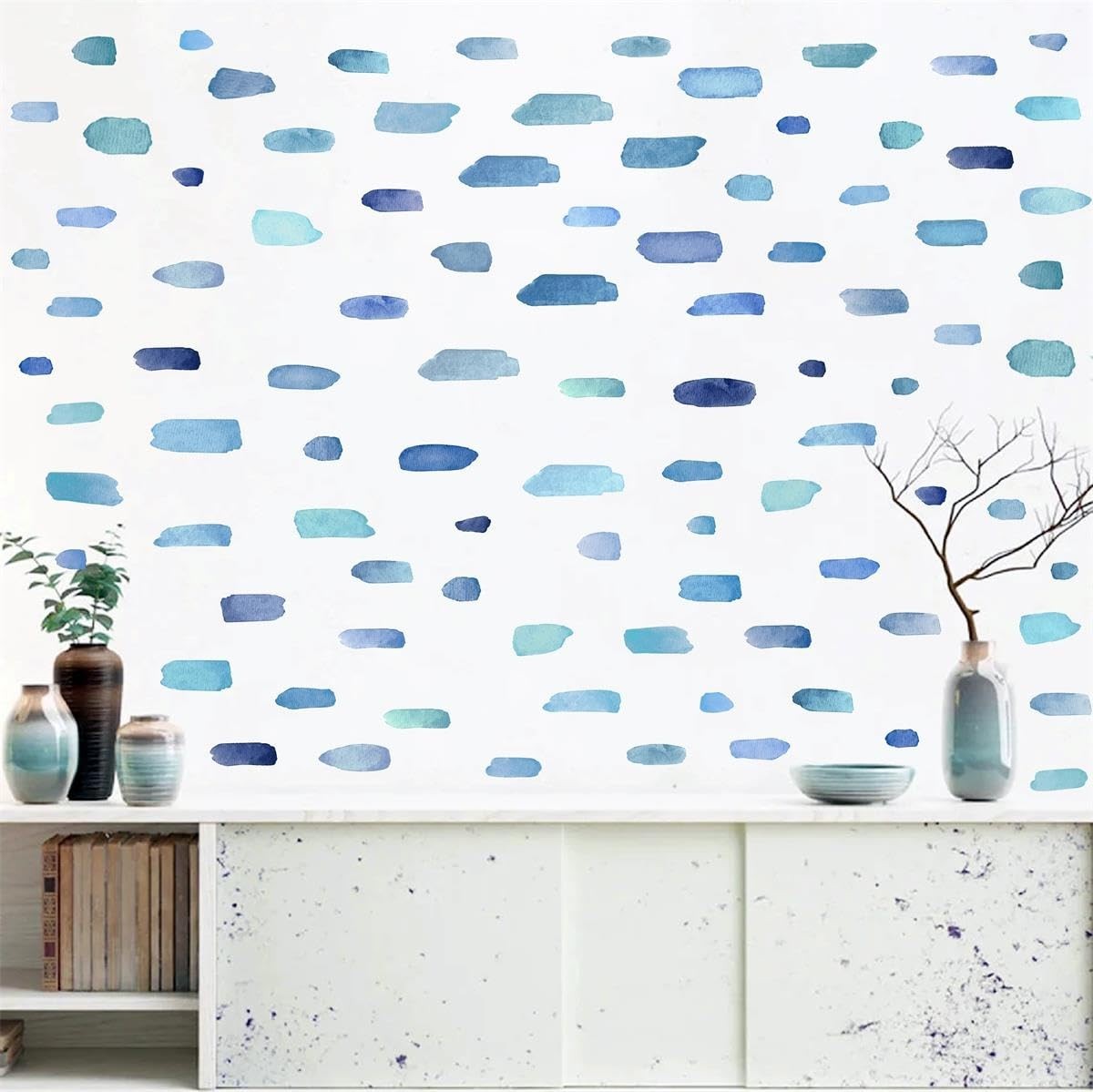Boho Watercolor Wall Stickers – Removable Blue Stripes Decals for Kids’ Room, Nu