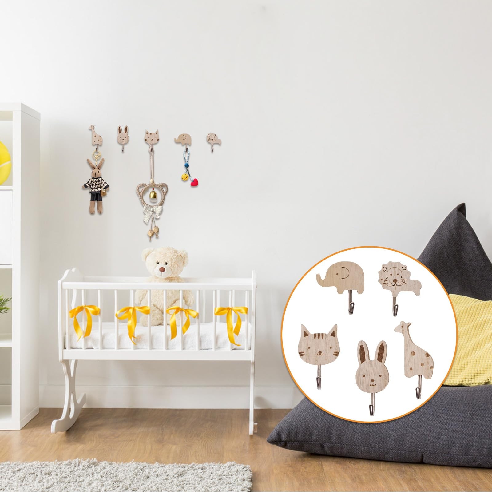 Wooden Animal Hooks, 5pcs Decorative Coat Wall Mounted Hangers Cats, Lions, R…