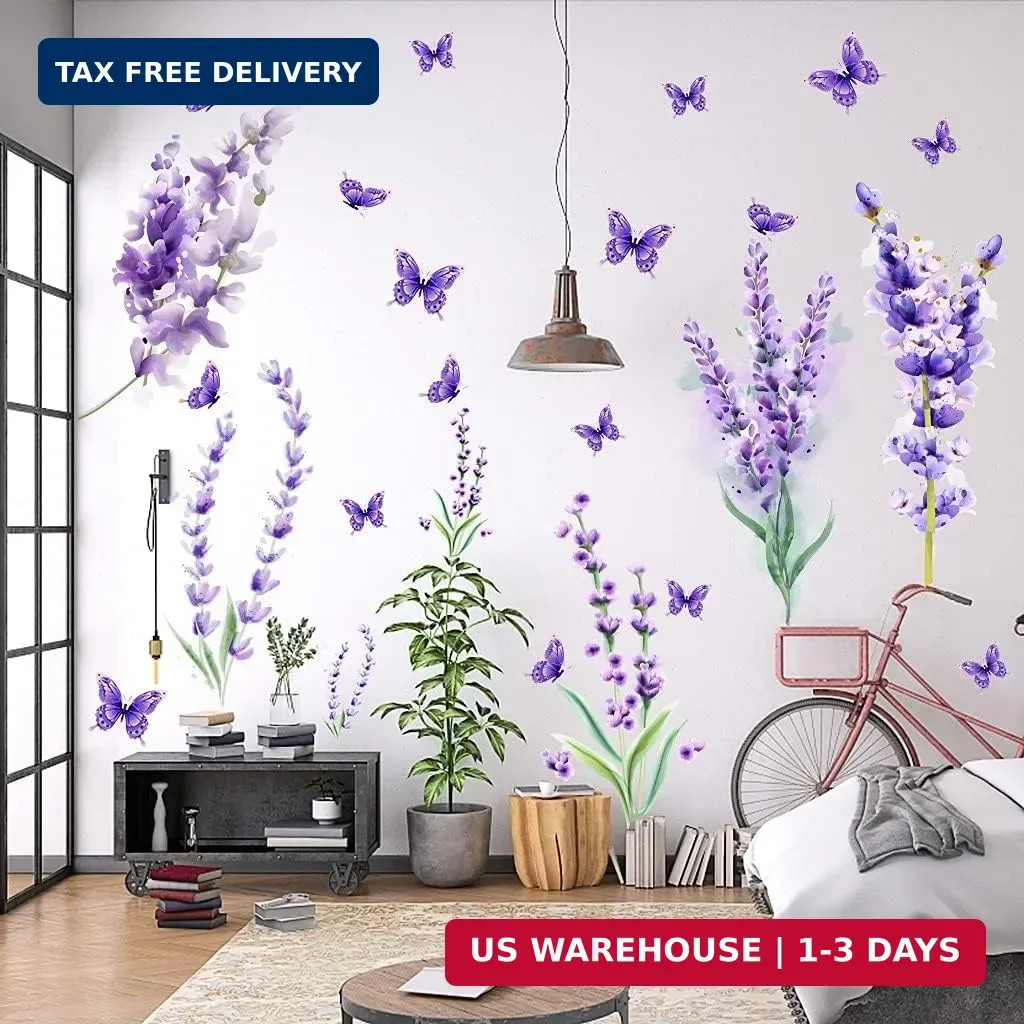 Removable Purple Lavender Wall Decals Purple Flowers Butterfly Wall Stickers DIY