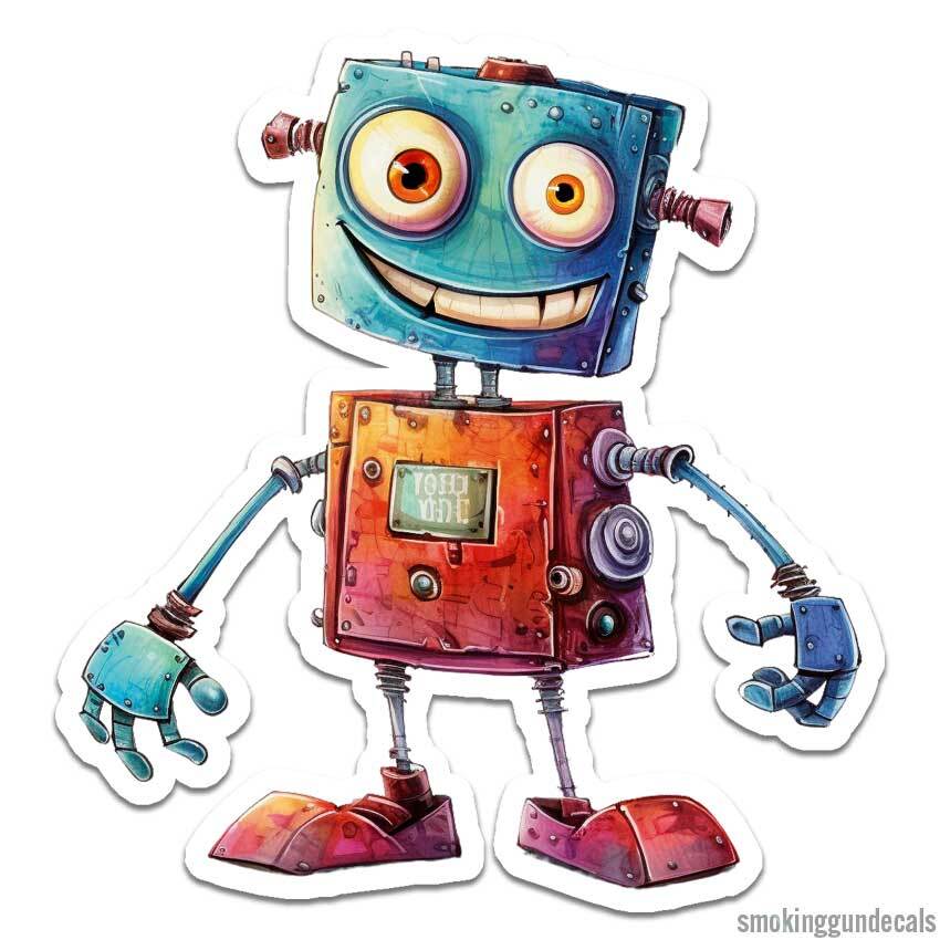 Happy Robot Big Feet, Vinyl Decal Sticker, Indoor Outdoor, 3 Sizes, #12571