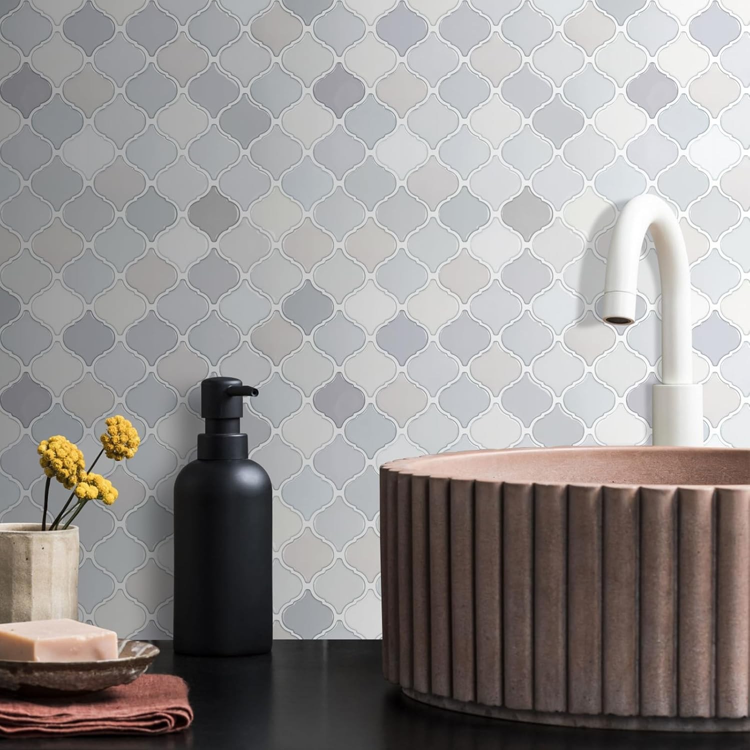 Arabesque Peel Stick Backsplash 12×12′ Self AdhesiveWall Tile Thicker Light Tone