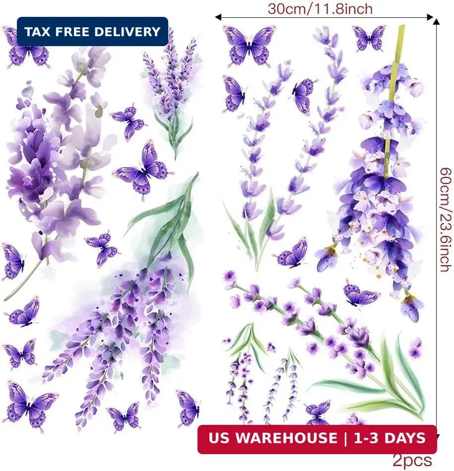 Removable Purple Lavender Wall Decals Purple Flowers Butterfly Wall Stickers DIY