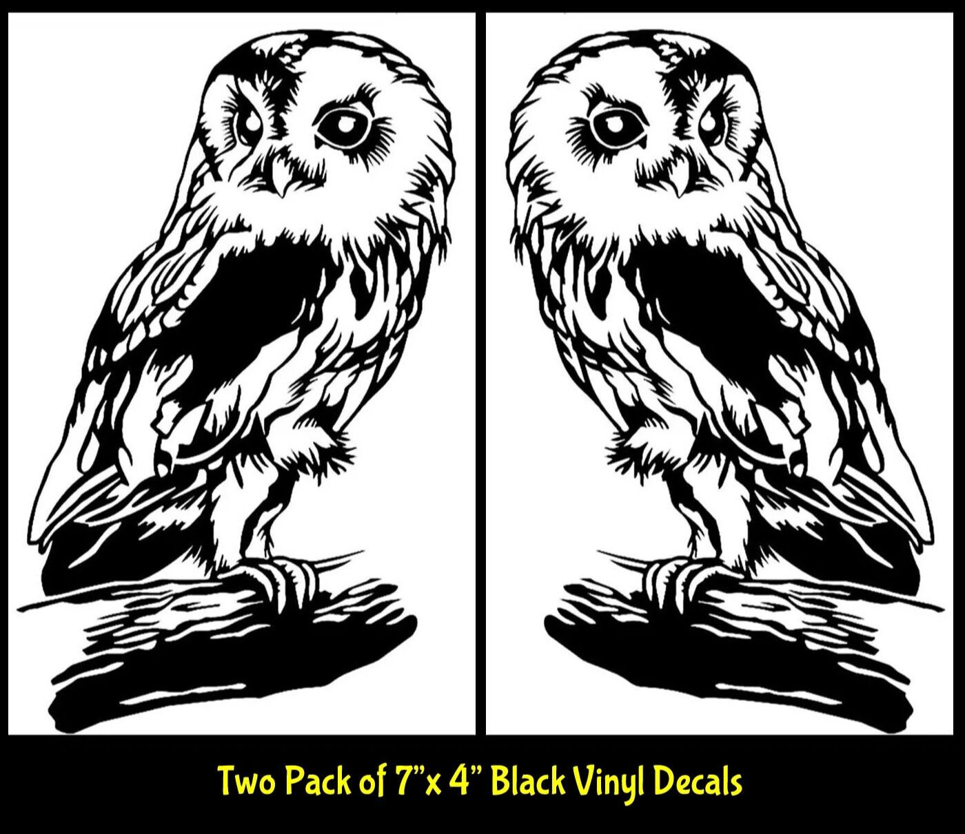 Barn Owl on Branch Two 7″ Mirrored Black Vinyl Decals Car Truck Camper Windows