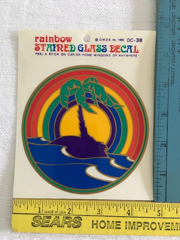 Stained Glass Decal Palm Tree Ocean Rainbow Window Sticker Car Home Vintage 1980
