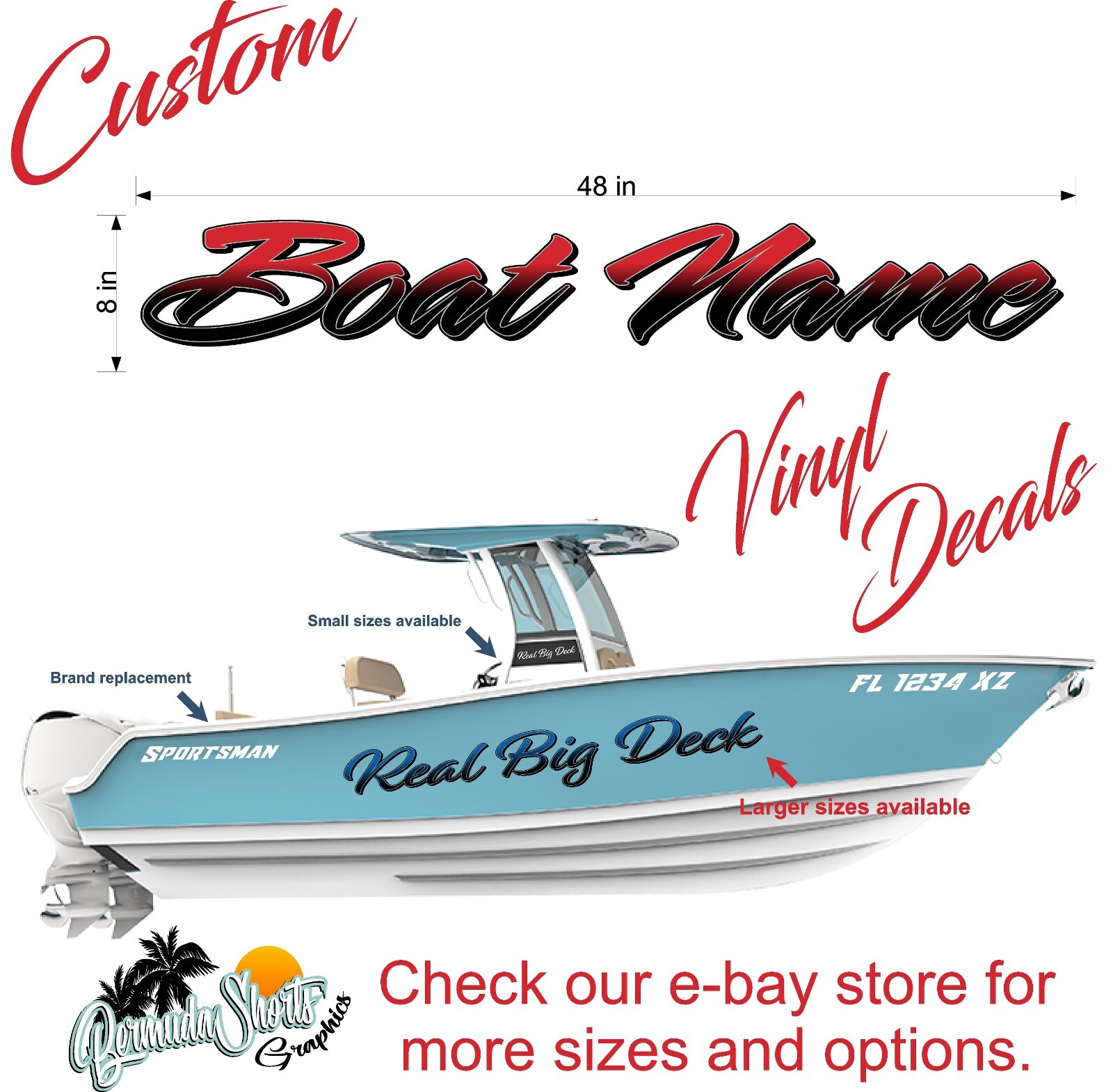 Boat Name Decal 8×48″ / Custom Hull Graphic / Premium Marine Vinyl Lettering GRB