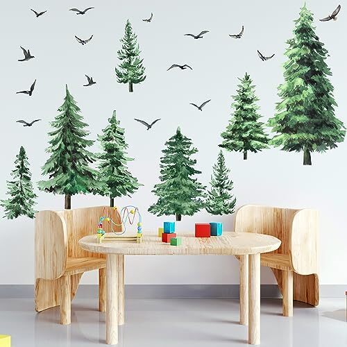 Watercolor Pine Tree Wall Decals Large Tree Wall Sticker Peel and Classic Style