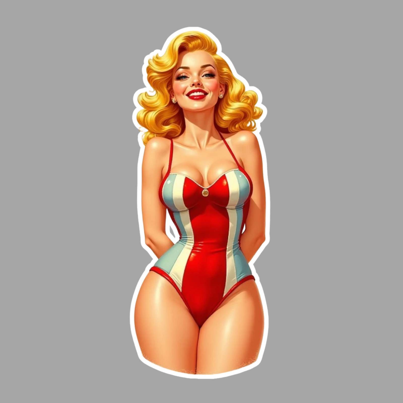 Pinup Girl Sticker Vinyl Decal Blonde Red Swimsuit Curvy Retro Classic Style