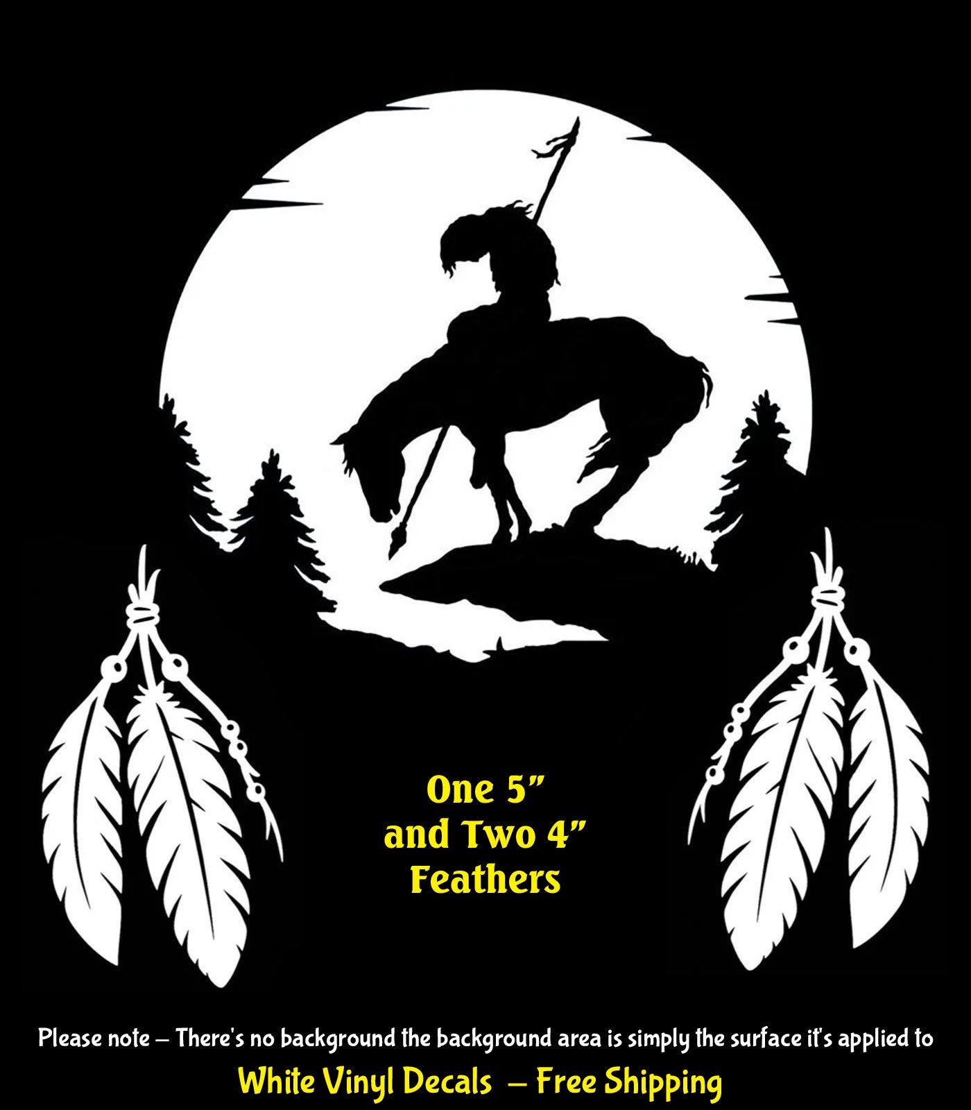 5″ End of the Trail Native American & Two 4″ Feathers White Vinyl Decals Window