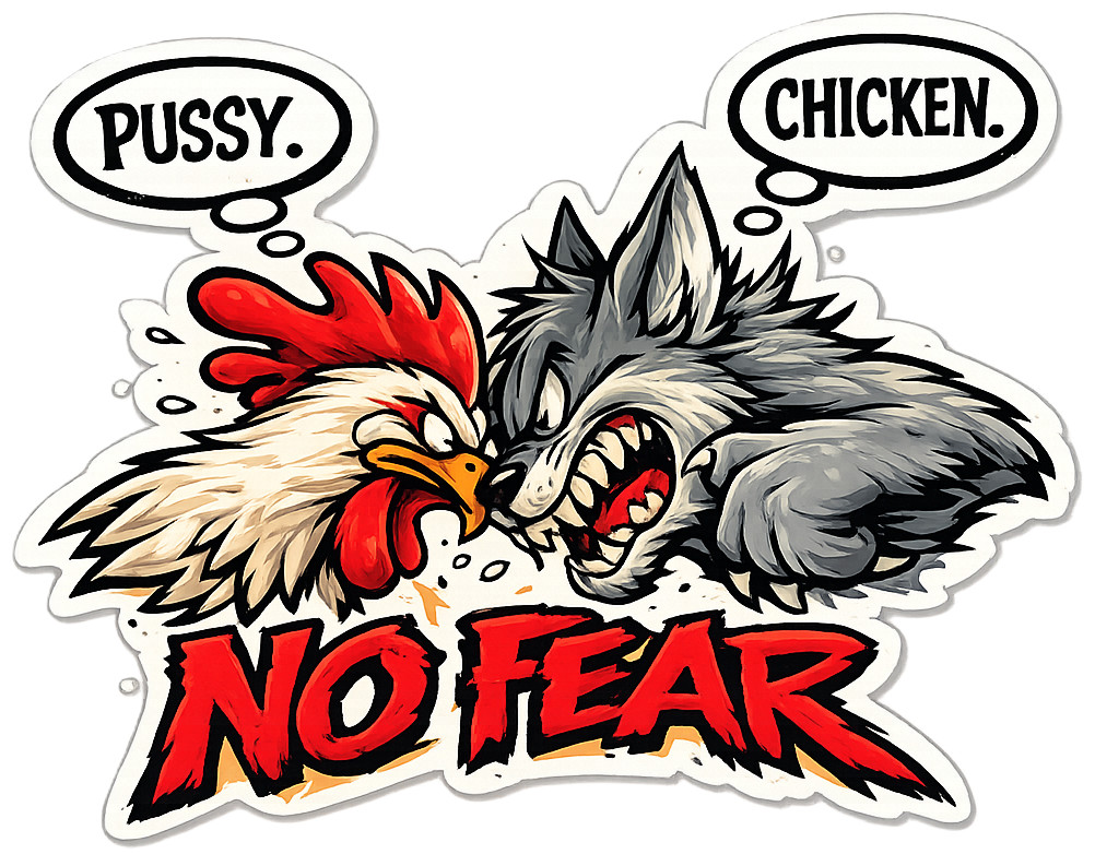 FEAR – CHICKEN & CAT – NO – PUSSY / CHICKEN – FUN – HUMOR – Sticker – Decal