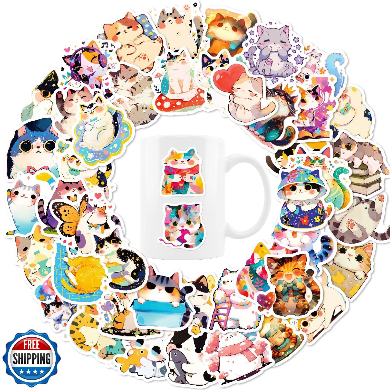 50pcs Cat Stickers for Kids,Vinyl Water Bottle Stickers for Adults and Teens,