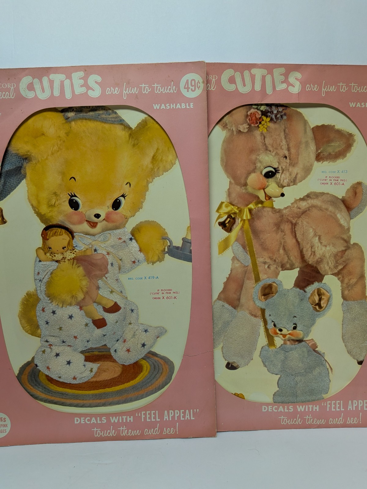 3 Vtg 60’s Anthropomorphic Bears & Lamb CUTIES Decals Meyercord Fuzzy Wall Decor